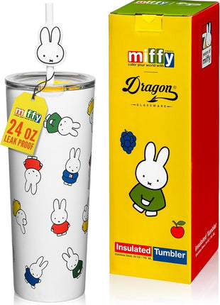 Dragon Glassware | Miffy 24 oz Vacuum Insulated Tumbler with Lid and Straw - Tumbler Cup with 2 Straws - Stainless Steel Tumbler with Straw Topper for Water, Iced Tea - Iconic
