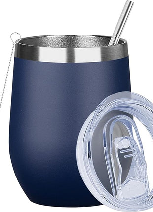 MEZMUT 12 Oz Insulated Wine Tumbler with Lid Double Wall Vacuum Stainless Steel Wine Glass Coffee Mug Insulated Tumbler Cup for Champaign, Cocktail, Beer (Navy, 1 Pack)