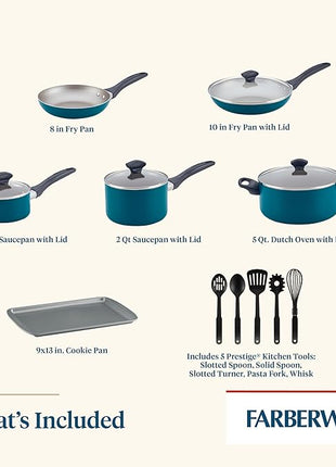 Farberware 20361 Dishwasher Safe Nonstick Cookware Set / Pots and Pans Set - 15 Piece, Blue