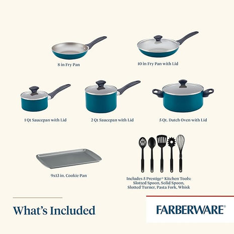 Farberware 20361 Dishwasher Safe Nonstick Cookware Set / Pots and Pans Set - 15 Piece, Blue