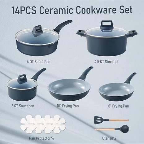 CAROTE 14 Pcs Ceramic Cookware Set, Pots and Pans Set Non Stick with Ceramic Coating, Induction Kitchen Sets