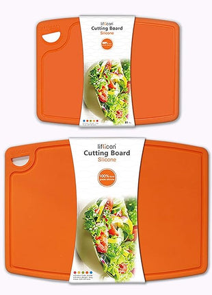 Liflicon Thick Cutting Boards for Kitchen Silicone Chopping Board Set of 2 Mid 12.6'' x 9.1”,Mini 9.1”x7.1” Non-slip Deep Drip Juice Groove Easy Grip Handle,Dishwasher Safe-Orange