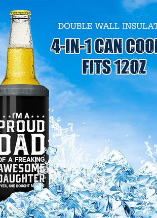 SANDJEST 4-in-1 Dad Tumbler Gifts for Dad from Daughter - 12oz Funny Proud Dad Can Cooler Tumblers Cup - Stainless Steel Insulated Cans Coozie Travel Mug Christmas, Birthday, Father's Day Gift