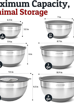 Priority Chef Stainless Steel Mixing Bowls with Lids Set - Premium 30Pcs with 6pc Metal Bowl Set for Kitchen, 3 Graters, Airtight Lids, Non-Slip Bases & Silicone Utensils, Grey