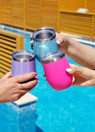 CHILLOUT LIFE 12 oz Stainless Steel Wine Tumblers 2 Pack - Double Wall Vacuum Insulated Wine Glasses Cups with Lids and Straws Set Keeping Cold & Hot for Coffee, Beer, Ice Cream - Purple Sparkle