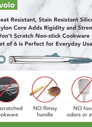 Tovolo Silicone Cooking Utensil Set of 6 Blue Slate Ladle Slotted Turner Tongs Flex Core Spatula Scraper Mixing Spoon and Potato Masher, Dishwasher Safe BPA Free Silicone Kitchen Utensils