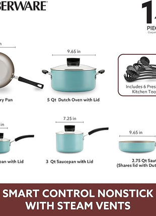 Farberware Smart Control Nonstick Cookware Pots and Pans Set, 14 Piece, Aqua