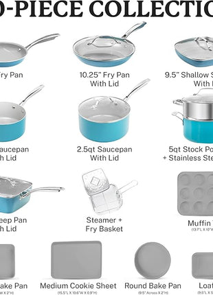 Gotham Steel 20 Piece Pots and Pans Set Nonstick Cookware Set, Pot and Pan Set, Kitchen Cookware Sets, Ceramic Cookware Set, Ceramic Pots and Pans Set, Pot Set, Dishwasher Safe, Aqua Blue