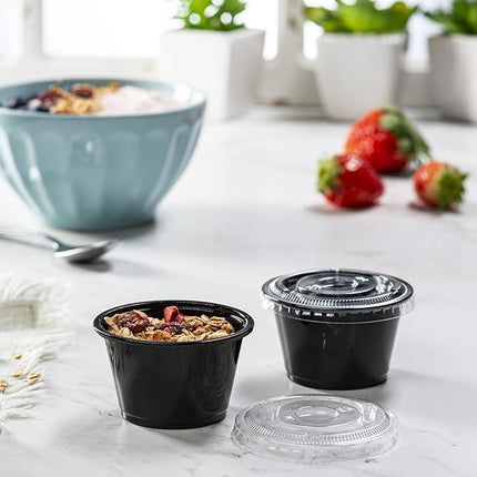 (4 oz - 100 Sets) Black Diposable Plastic Portion Cups With Lids, Small Mini Containers For Portion Controll, Jello Shots, Meal Prep, Sauce Cups, Condiments, Medicine, Dressings,