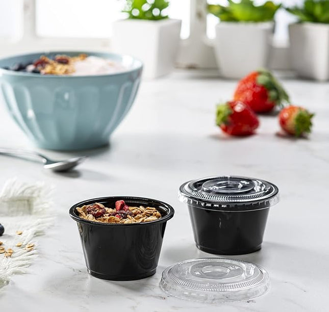 (4 oz - 100 Sets) Black Diposable Plastic Portion Cups With Lids, Small Mini Containers For Portion Controll, Jello Shots, Meal Prep, Sauce Cups, Condiments, Medicine, Dressings,