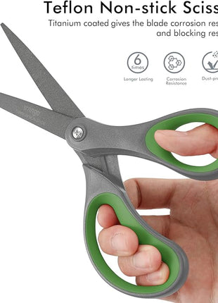 LIVINGO Sharp Scissors All Purpose - 2 Pack 8 Inch Titanium Coated Non Stick Steel Shears Heavy Duty for Office Home School Sewing Crafting Cutting Paper Fabric, Comfortable Grip (Gray & Green)