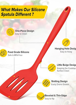 Pack of 2 Silicone Spatula Turners, Non Stick Slotted Kitchen Spatula Set, Heat Resistant BPA Free Kitchen Utensils, One-Piece Design, Suitable for Flipping Fish, Eggs, Steak, Pancakes (RED)