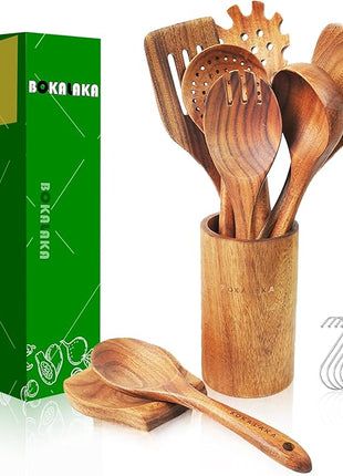 Teak Wooden Spoons for Cooking - 9 Pcs Comfort Grip Kitchen Utensil Set with Holder & Rest