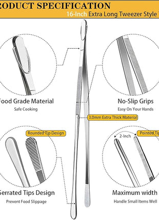 JETKONG 2 Pcs 16-Inch Kitchen Tweezers Extra Long Tweezer Tongs, Heavy Duty Stainless Steel Cooking Tweezers (Silver)