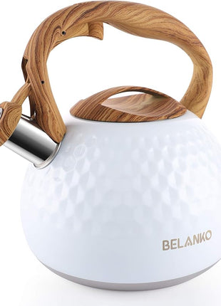 BELANKO 2.7 Quart Tea Kettle for Stovetop - Food Grade Stainless Steel with Diamond Texture, Designer Teapot Look, Cool-Touch Wood Pattern Handle, Whistling Spout - Gloss White