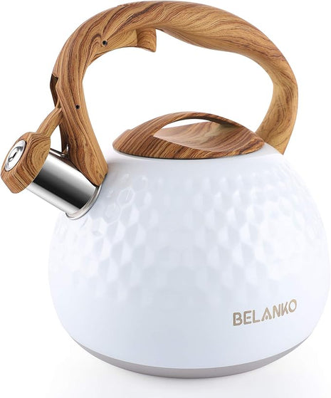BELANKO 2.7 Quart Tea Kettle for Stovetop - Food Grade Stainless Steel with Diamond Texture, Designer Teapot Look, Cool-Touch Wood Pattern Handle, Whistling Spout - Gloss White