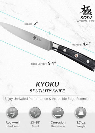 KYOKU 5" Kitchen Utility Knife, Samurai Series Chef Knife with Pakkawood Handle & Mosaic Pin, Japanese High Carbon Steel Knife, Full Tang Kitchen Knife for Vegetable Fruit Herb with Sheath and Case
