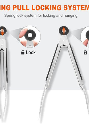 Anaeat 3 Pack 7" Mini Stainless Steel Locking Tongs - Sturdy Coiled Spring Kitchen Food Tong with Non-Slip Silicone Tips and Grip for Serving, Cooking, Baking and BBQ - Heat Resistant Metal Tongs
