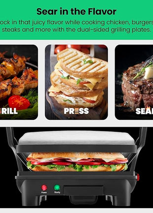 Chefman Panini Press Grill and Gourmet Sandwich Maker Non-Stick Coated Plates, Opens 180 Degrees to Fit Any Type or Size of Food, Stainless Steel Surface and Removable Drip Tray, 4 Slice, Black