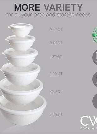 COOK WITH COLOR Mixing Bowls with TPR Lids - 12 Piece Plastic Nesting Bowls Set includes 6 Prep Bowls and 6 Lids, Microwave Safe Mixing Bowl Set (Speckled White)