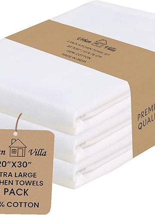 Urban Villa Kitchen Towels 100% Cotton White Color Dish Towels for Kitchen Size 20x30 inches(Set of 3) Highly Absorbent Mutiuse Dish Cloths with Hanging Loop Quick Drying Soft Hand &TeaTowels