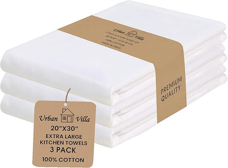 Urban Villa Kitchen Towels 100% Cotton White Color Dish Towels for Kitchen Size 20x30 inches(Set of 3) Highly Absorbent Mutiuse Dish Cloths with Hanging Loop Quick Drying Soft Hand &TeaTowels
