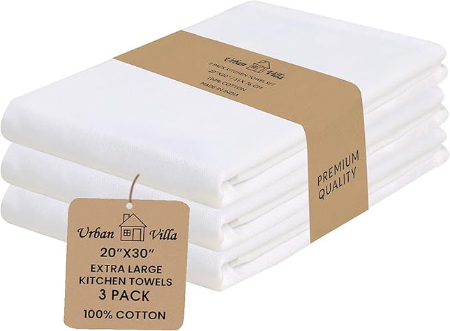 Urban Villa Kitchen Towels 100% Cotton White Color Dish Towels for Kitchen Size 20x30 inches(Set of 3) Highly Absorbent Mutiuse Dish Cloths with Hanging Loop Quick Drying Soft Hand &TeaTowels