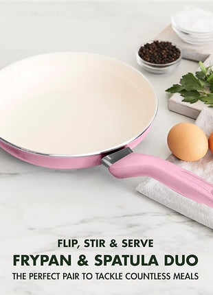 GreenPan Rio Healthy Ceramic Nonstick 8" Frying Pan Skillet and Silicone Spatula Set, Soft Grip Handle, Breaktfast Meal Set, PFAS-Free, Dishwasher Safe, Oven Safe, Pink