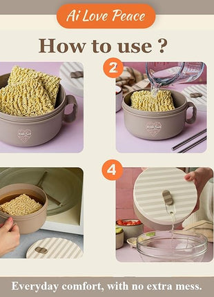 AI LOVE PEACE Ramen Bowl, 40 oz Microwaveable Noodle Cooker for Ramen, Pho, Soup, and Pasta, Dishwasher Safe and Portable, Ideal for Home, Office, Dorm, or Gift (Beige)
