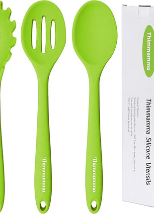 Silicone Cooking Spoons, Heat Resistant Large Silicone Pasta Slotted Spoon Solid Basting Spoon set for Nonstick Cookware, BPA Free Black Kitchen Silicone Spoons set for Mixing, Serving, Draining Green