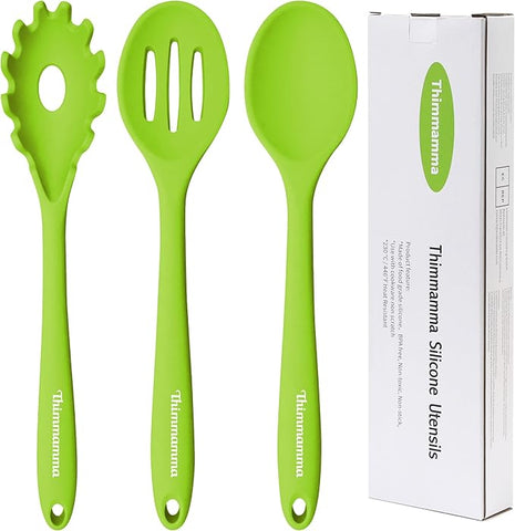 Silicone Cooking Spoons, Heat Resistant Large Silicone Pasta Slotted Spoon Solid Basting Spoon set for Nonstick Cookware, BPA Free Black Kitchen Silicone Spoons set for Mixing, Serving, Draining Green
