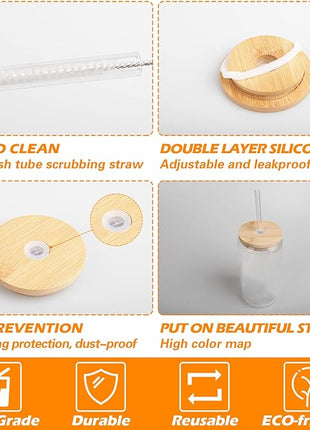 Drinking Glasses with Bamboo Lids and Glass Straw 2PCS Set, 16oz Glass Cups with Lids and Straws, Beer, Iced Coffee Glasses, Soda, Gift 1 Cleaning Brushes
