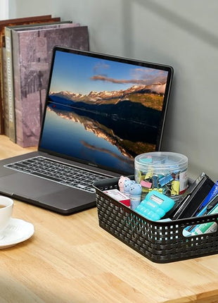 [ 8 Pack ] Plastic Storage Baskets, Small Pantry Organization and Storage Bins, Household Organizers for Laundry Room, Bathrooms, Kitchens, Cabinets, Countertops, Under Sink or Shelves, Black