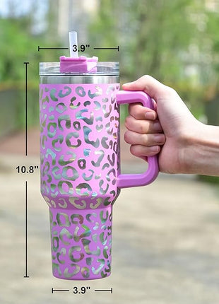40 oz Tumbler with Handle and Straw, 100% Leak-Proof Travel Mug, Stainless Steel Double Wall Vacuum Insulated Coffee Cup Keeps Cold For 34 Hours, Dishwasher Safe, Hot Pink Leopard