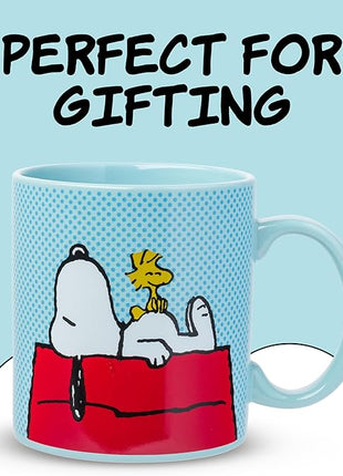 Silver Buffalo Peanuts Snoopy and Woodstock on House Blue Dot Background Ceramic Coffee Mug, 20 Ounces