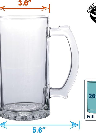 Large Beer Glasses Set Of 4 Thick Quality Glass Mugs With Comfortable Thumb Rest, Beer Stein Pack Of 4, 26 OZ Glass Mugs With Handles (Clear)
