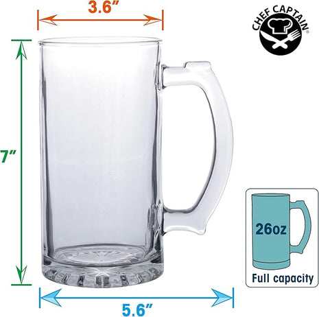 Large Beer Glasses Set Of 4 Thick Quality Glass Mugs With Comfortable Thumb Rest, Beer Stein Pack Of 4, 26 OZ Glass Mugs With Handles (Clear)