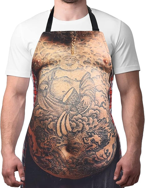 Funny Men Cooking Grilling Aprons Tattoo Belly BBQ Funny Gag Gifts for Christmas, White Elephant Gift Exchange (Tattoo, One Size)