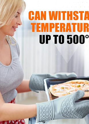 Silicone Oven Mitts, Heat Resistant 2PCS Oven Mitts with Soft Cotton Lining, Waterproof Non-Slip Grip Oven Glove, Kitchen Potholder Mits for BBQ, Baking, Cooking, 12.5 Inch - Grey