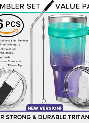 CHILLOUT LIFE Stainless Steel Travel Mug with Handle 40 oz – 6 Piece Set. Tumbler with Handle, Straw, Cleaning Brush & 2 Lids. Double Wall Insulated Large Coffee Mug Bundle - Mermaid Sparkle