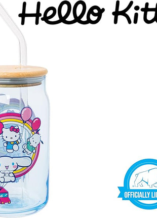 Silver Buffalo Sanrio Hello Kitty & Friends Floating Car Balloons Featuring Cinnamoroll, Pochacco, and Keroppi Glass Jar Tumbler with Bamboo Lid and Glass Straw, 16 Ounces (Pack of 12)