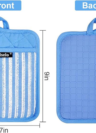 Silicone Pot Holders Set of 3 Heat Resistant & Non Slip Potholders, Professional Oven Hot Pads with Pockets Mitts for Kitchen Cooking Baking Barbecue (3, Blue)