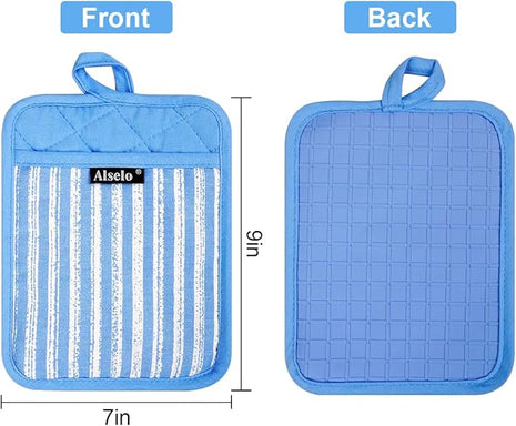 Silicone Pot Holders Set of 3 Heat Resistant & Non Slip Potholders, Professional Oven Hot Pads with Pockets Mitts for Kitchen Cooking Baking Barbecue (3, Blue)