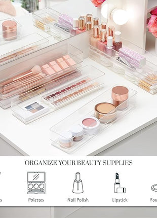 STORi SimpleSort 6-Piece Stackable Clear Drawer Organizer Set | 12" x 3" x 2" Rectangle Trays | Narrow Makeup Vanity Storage Bins and Office Desk Drawer Dividers | Made in USA