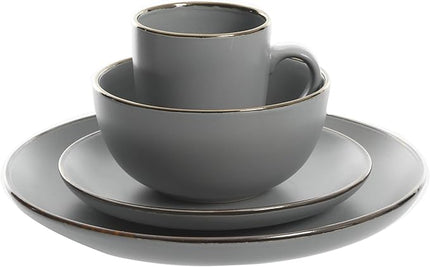 Gibson Home Rockaway 16-Piece Round Stoneware Dinnerware Set, Service for 4 – Grey with Gold Rim Plates and Bowls, Microwave & Dishwasher Safe