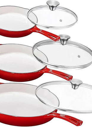 Bruntmor Set of 3 Enameled Cast Iron Skillets - Includes 8, 10, and 12 Inch Cast Iron Pan with Ceramic Nonstick Coating and Tempered Glass Lid - Durable Cookware for Frying, Baking, and Grilling - Red