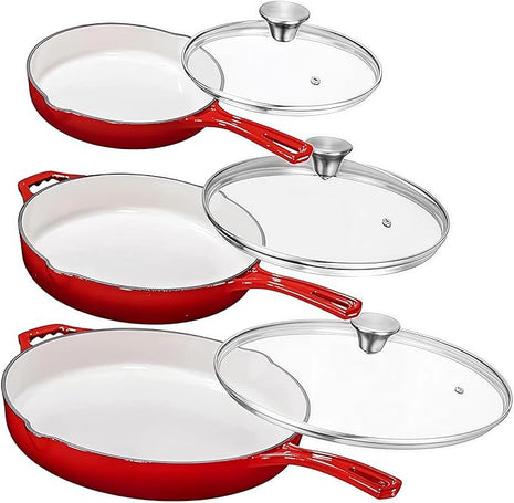 Bruntmor Set of 3 Enameled Cast Iron Skillets - Includes 8, 10, and 12 Inch Cast Iron Pan with Ceramic Nonstick Coating and Tempered Glass Lid - Durable Cookware for Frying, Baking, and Grilling - Red