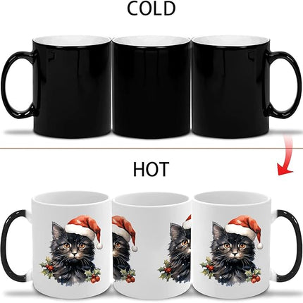 Caliamary Heat Changing Mug, Funny Cat Heat Changing Ceramic Coffee Mug, 11 oz Heat Sensitive Color Changing Coffee Mug Cup, Cute Xmas Gift Mug for Women Men Kids… (Black cat)