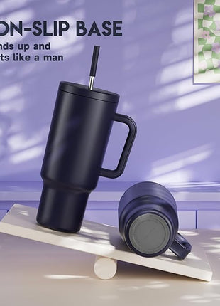 Meoky 40 oz Tumbler with Handle and Straw: Stainless Steel Insulated Tumbler with Lid and Straw - 100% Leak Proof Tumbler for Car Cup Holders - Travelers Commuters Workers, Blueberry
