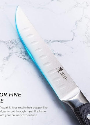 KYOKU Samurai Series - 5" Steak Knives Set of 4 with Sheath & Case - Full Tang - Japanese High Carbon Steel - Pakkawood Handle with Mosaic Pin (Japanese Steak Knife Set)